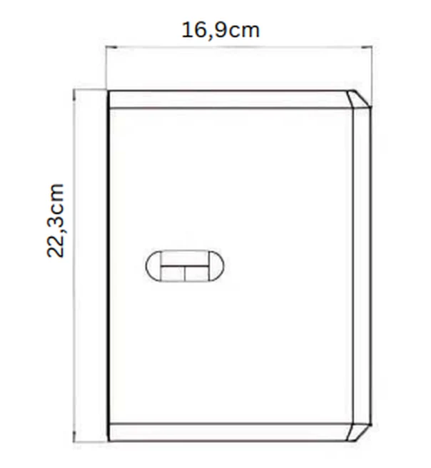 Maattekening van de cassette van de Erhardt Kasana: 22,3 cm hoog bij 16,9 cm diep