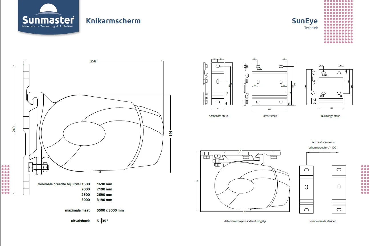 Maattekening Sunmaster SunEye II knikarmscherm met cassettemaat 144 x 258 mm, steunen en plafondmontage