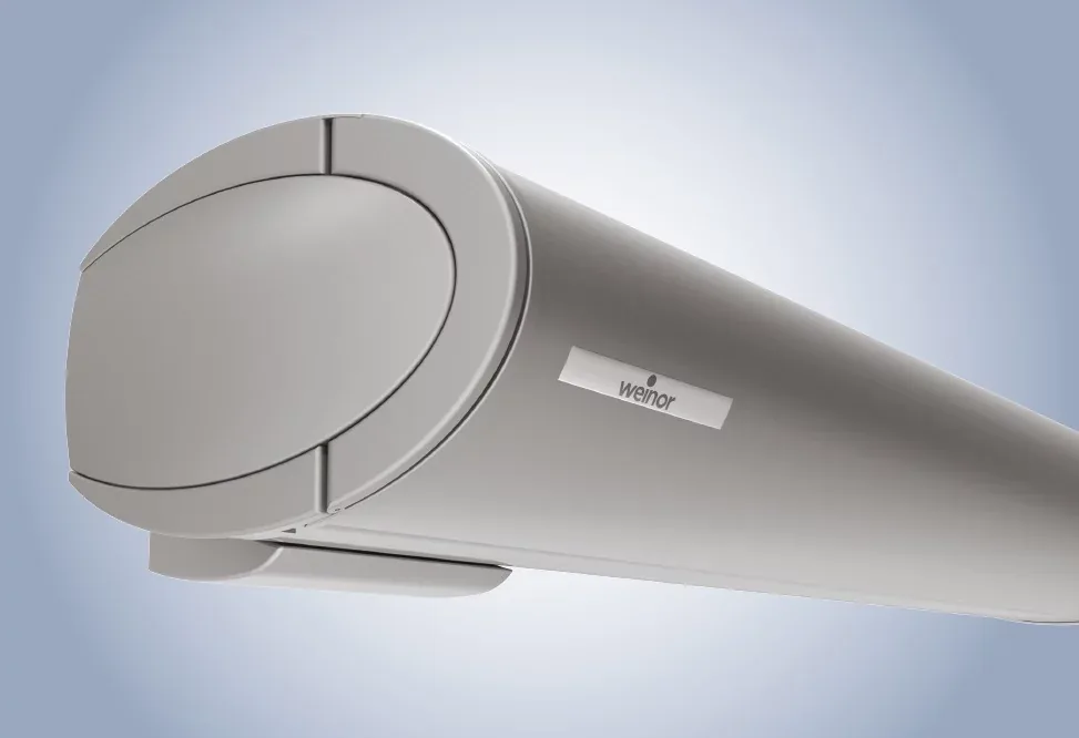 Cassette van de Weinor Opal Design II met afgeronde kopplaat en sikkelindicator