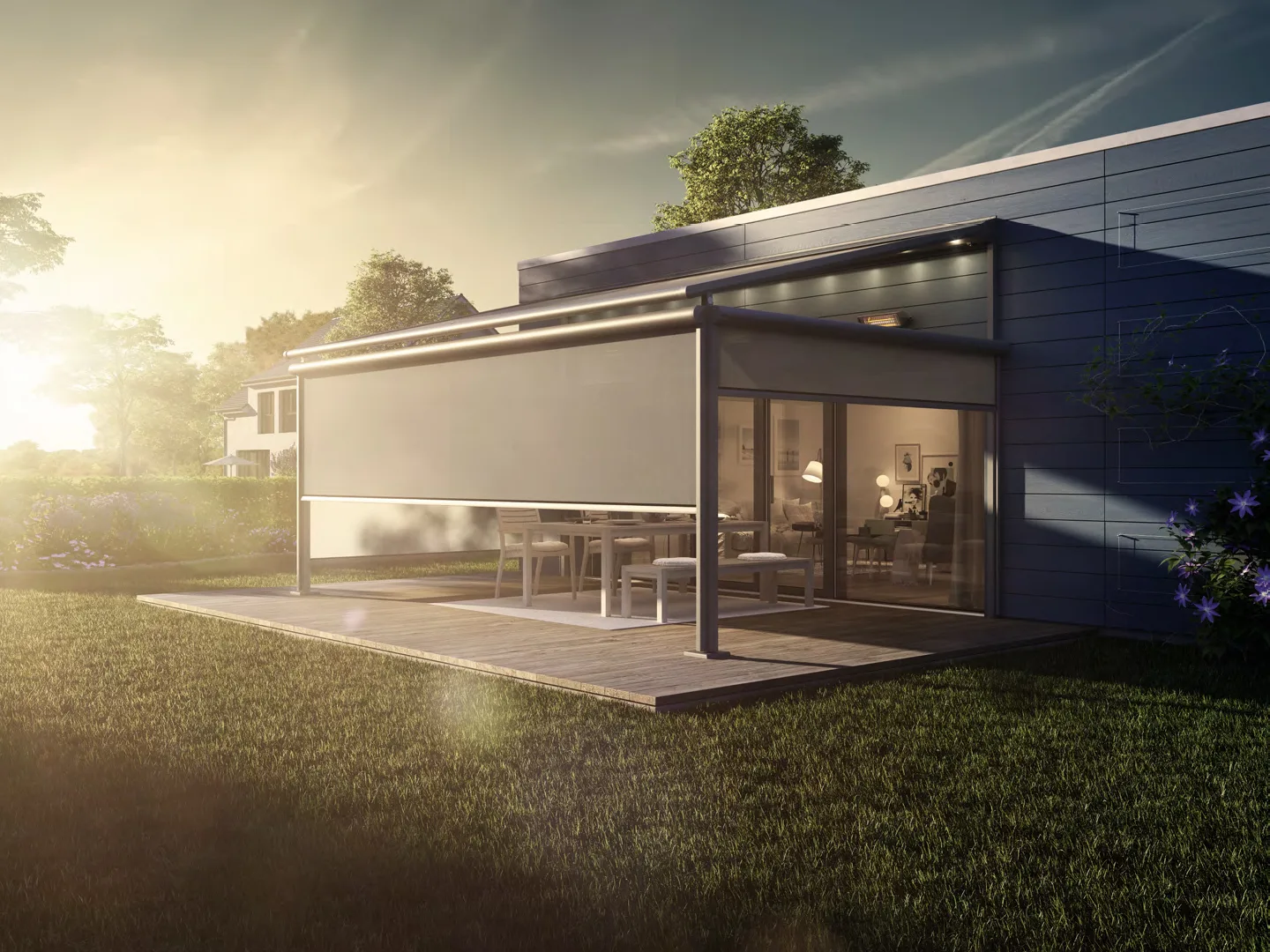 Weinor Plaza Viva pergolazonwering met crèmekleurig doek aan een moderne woning